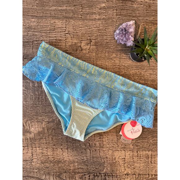 Profile Blush by Gottex Other - Gottex Lace Ruffle XL Bikini Bottoms Y2K Baby Blue Gingham,Cottagecore Swim, NEW